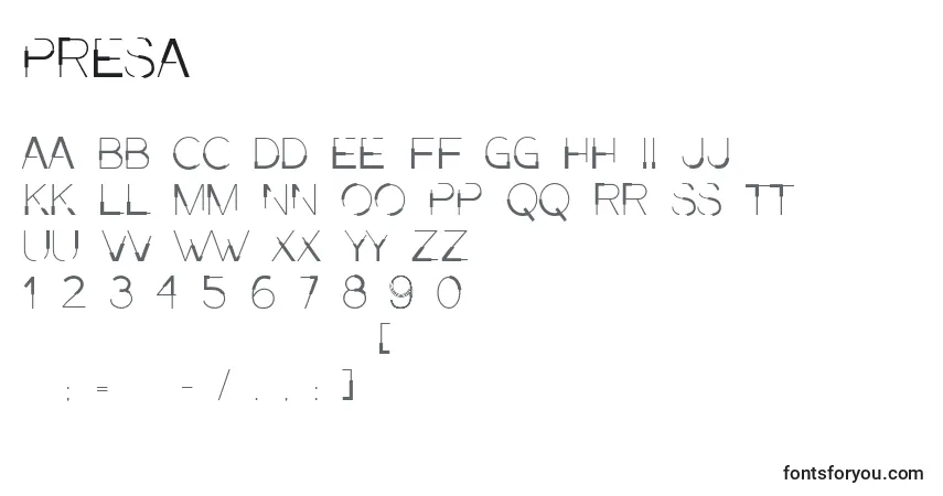 Schriftart Presa – Alphabet, Zahlen, spezielle Symbole