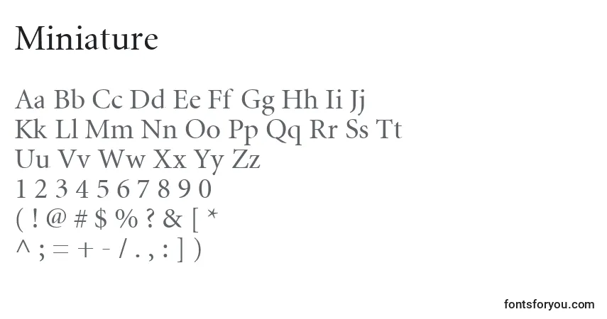 A fonte Miniature – alfabeto, números, caracteres especiais