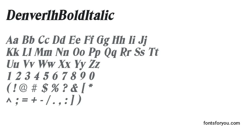 A fonte DenverlhBoldItalic – alfabeto, números, caracteres especiais