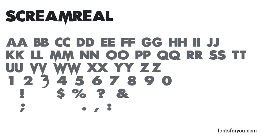 Schriftart ScreamReal (44385) – Alphabet, Zahlen, spezielle Symbole