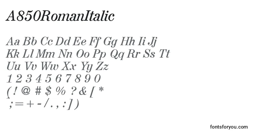 A fonte A850RomanItalic – alfabeto, números, caracteres especiais