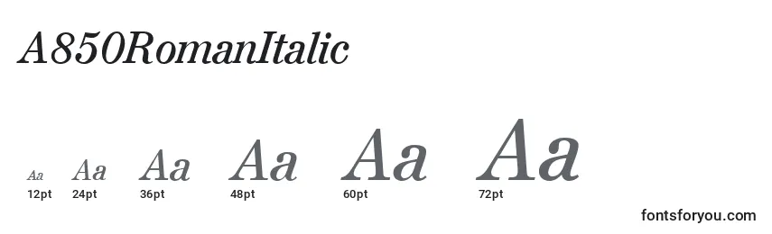 A850RomanItalic Font Sizes