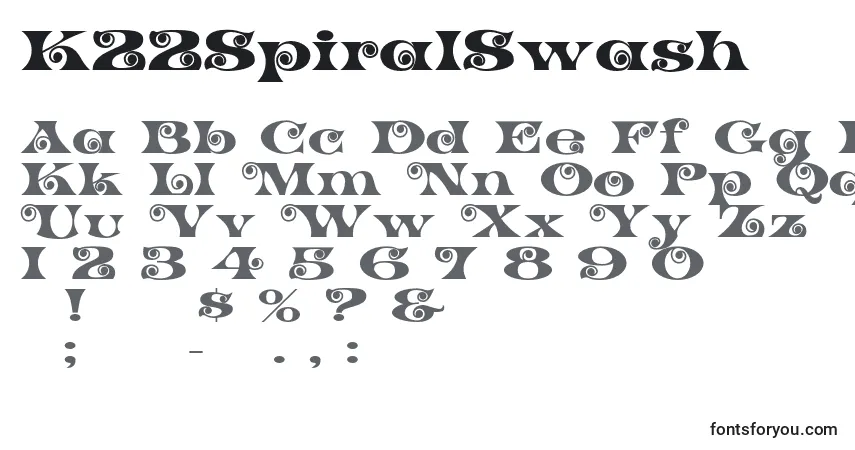 A fonte K22SpiralSwash – alfabeto, números, caracteres especiais