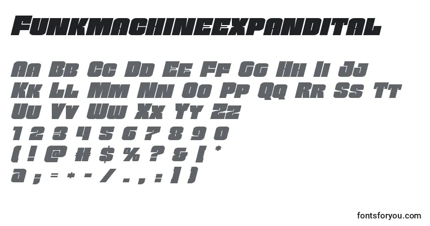 Schriftart Funkmachineexpandital – Alphabet, Zahlen, spezielle Symbole