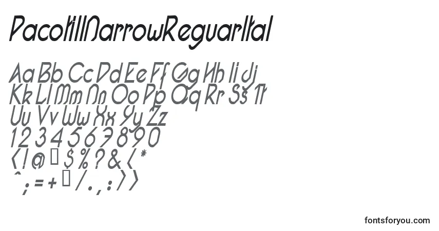 Czcionka PacotillNarrowReguarItal – alfabet, cyfry, specjalne znaki