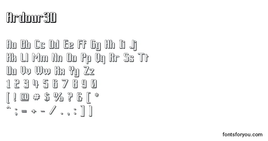Czcionka Ardour3D – alfabet, cyfry, specjalne znaki