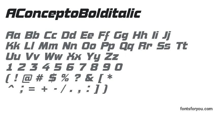 Шрифт AConceptoBolditalic – алфавит, цифры, специальные символы