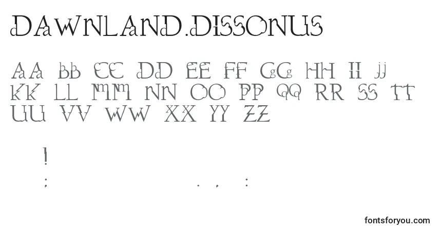 A fonte Dawnland.Dissonus – alfabeto, números, caracteres especiais