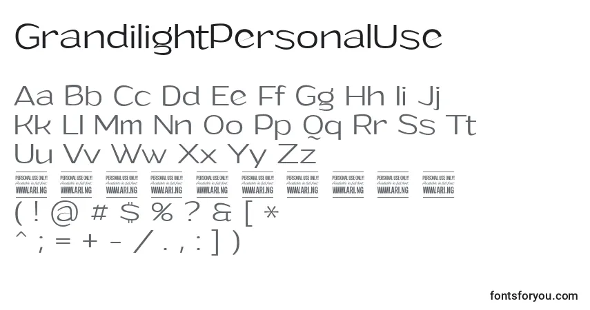 A fonte GrandilightPersonalUse – alfabeto, números, caracteres especiais