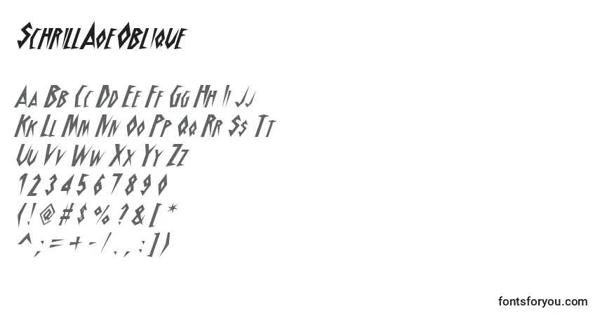 SchrillAoeOblique-fontti – aakkoset, numerot, erikoismerkit