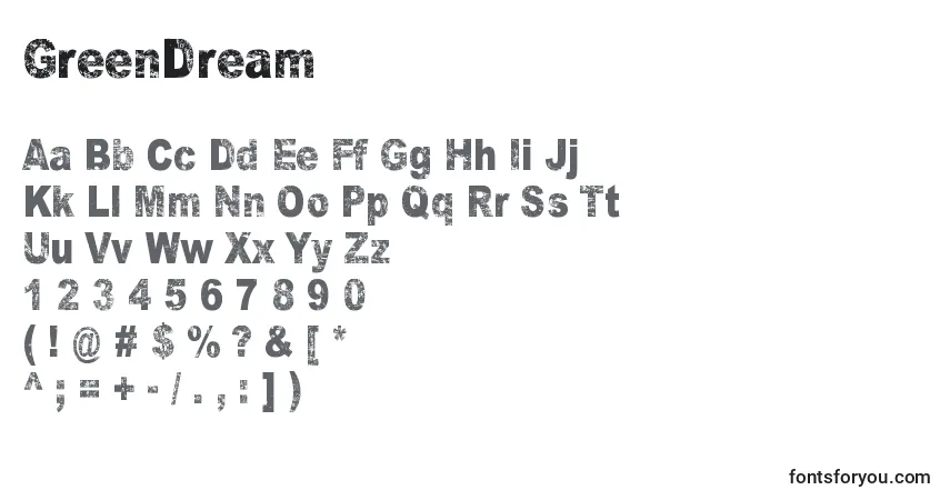 Czcionka GreenDream – alfabet, cyfry, specjalne znaki