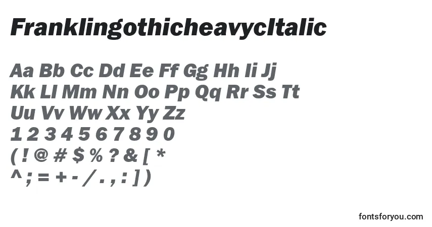 A fonte FranklingothicheavycItalic – alfabeto, números, caracteres especiais