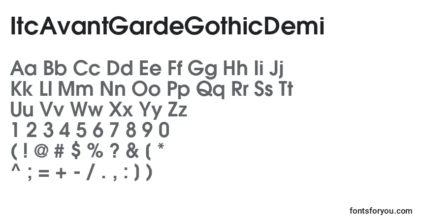 Czcionka ItcAvantGardeGothicDemi – alfabet, cyfry, specjalne znaki