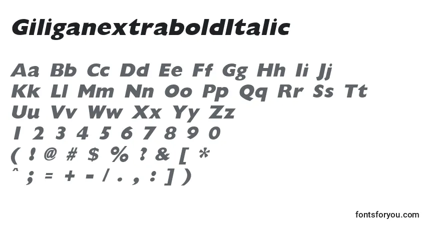 Schriftart GiliganextraboldItalic – Alphabet, Zahlen, spezielle Symbole