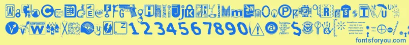 フォントInsecuri – 青い文字が黄色の背景にあります。