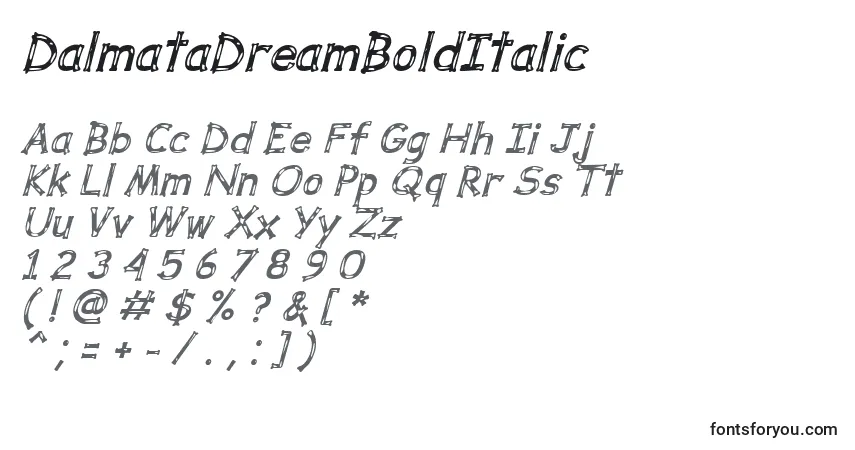 Fuente DalmataDreamBoldItalic - alfabeto, números, caracteres especiales