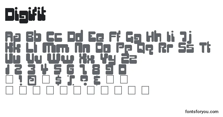 A fonte Digifit – alfabeto, números, caracteres especiais