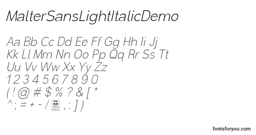 MalterSansLightItalicDemo Font – alphabet, numbers, special characters