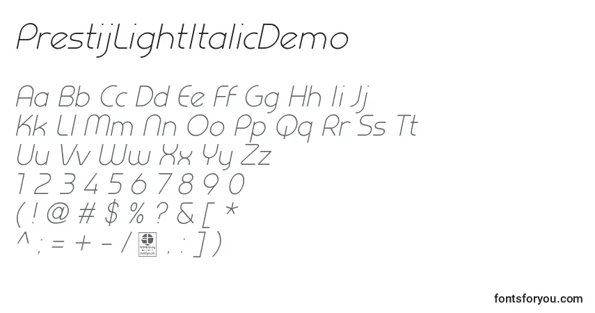 Шрифт PrestijLightItalicDemo – алфавит, цифры, специальные символы
