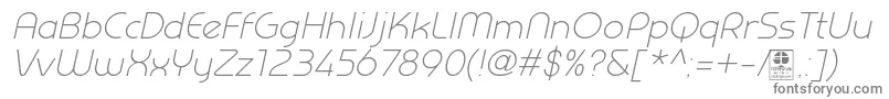 PrestijLightItalicDemo-fontti – harmaat kirjasimet valkoisella taustalla
