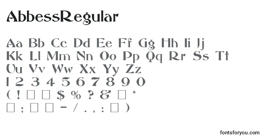 Czcionka AbbessRegular – alfabet, cyfry, specjalne znaki