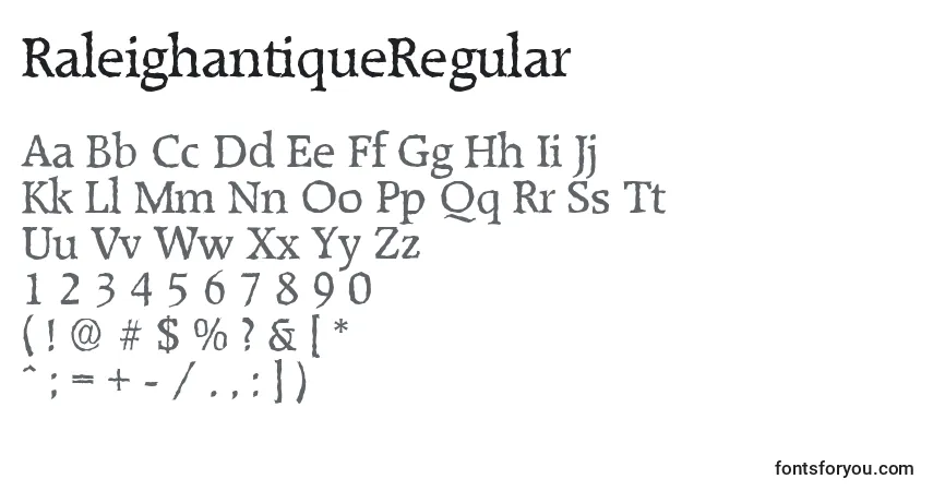A fonte RaleighantiqueRegular – alfabeto, números, caracteres especiais