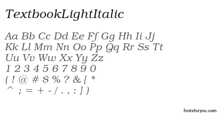 Czcionka TextbookLightItalic – alfabet, cyfry, specjalne znaki