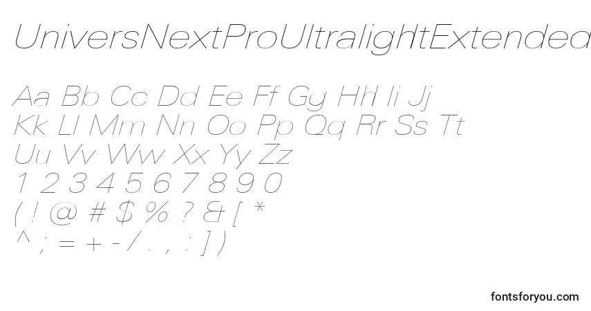 A fonte UniversNextProUltralightExtendedItalic – alfabeto, números, caracteres especiais