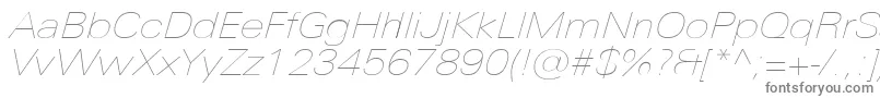 UniversNextProUltralightExtendedItalic-fontti – harmaat kirjasimet valkoisella taustalla