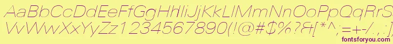 UniversNextProUltralightExtendedItalic Font – Purple Fonts on Yellow Background