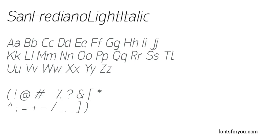 Шрифт SanFredianoLightItalic – алфавит, цифры, специальные символы