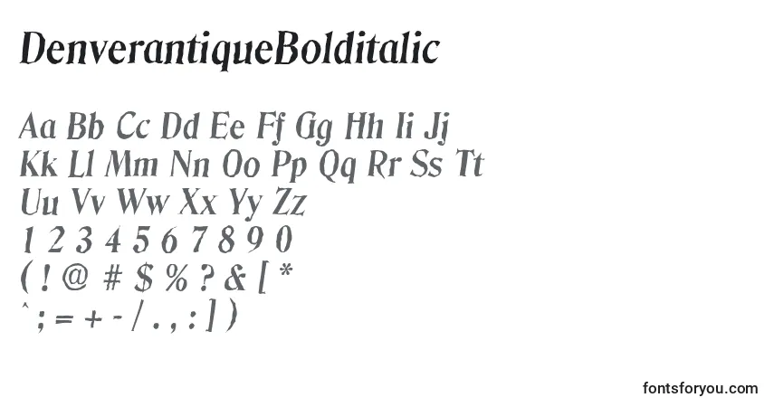 Czcionka DenverantiqueBolditalic – alfabet, cyfry, specjalne znaki