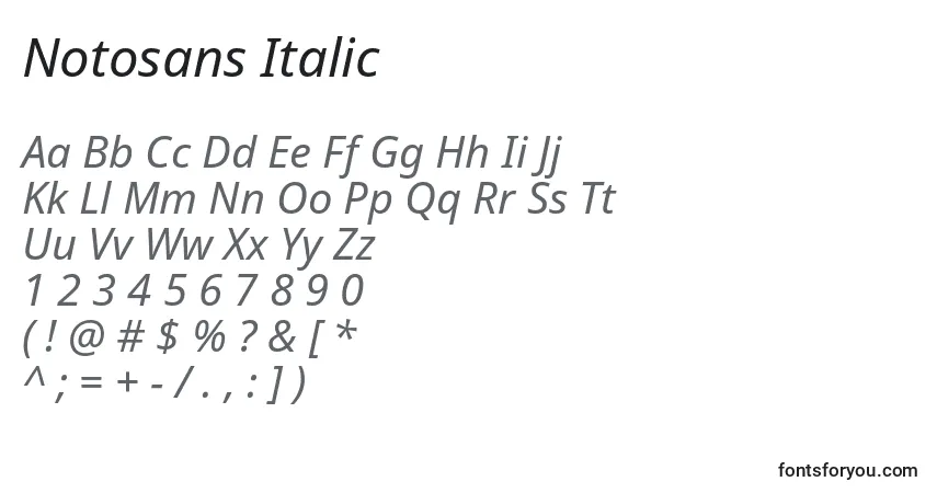 Schriftart Notosans Italic – Alphabet, Zahlen, spezielle Symbole