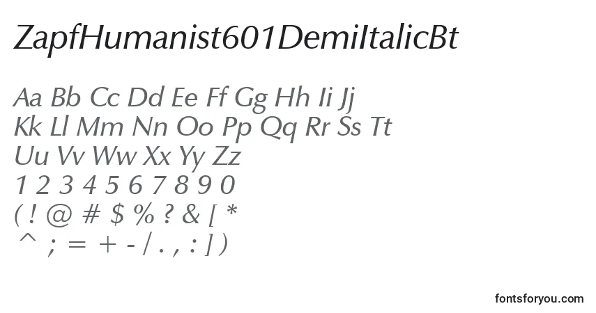 Шрифт ZapfHumanist601DemiItalicBt – алфавит, цифры, специальные символы