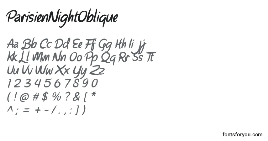 Schriftart ParisienNightOblique – Alphabet, Zahlen, spezielle Symbole