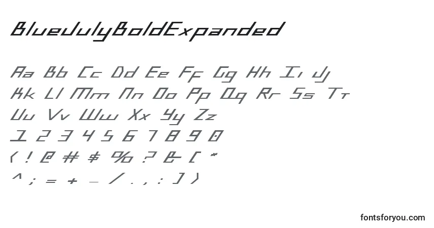 A fonte BlueJulyBoldExpanded – alfabeto, números, caracteres especiais