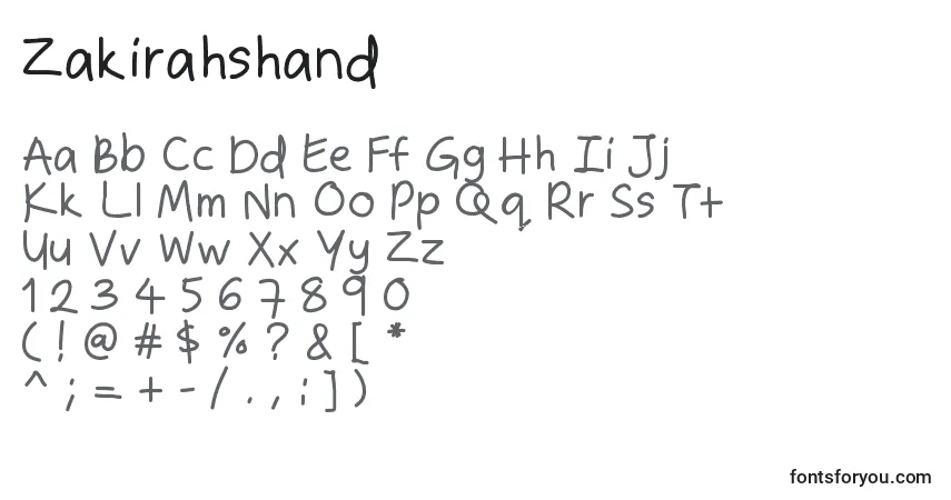Schriftart Zakirahshand – Alphabet, Zahlen, spezielle Symbole
