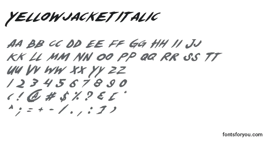 Шрифт YellowjacketItalic – алфавит, цифры, специальные символы
