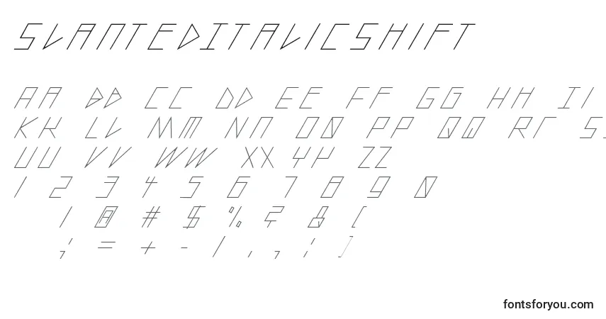 Czcionka SlantedItalicShift – alfabet, cyfry, specjalne znaki