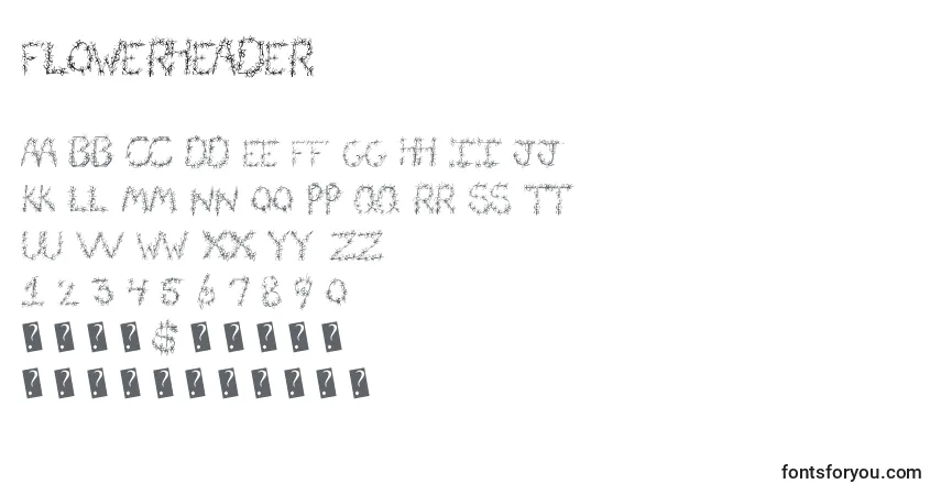 Czcionka Flowerheader – alfabet, cyfry, specjalne znaki