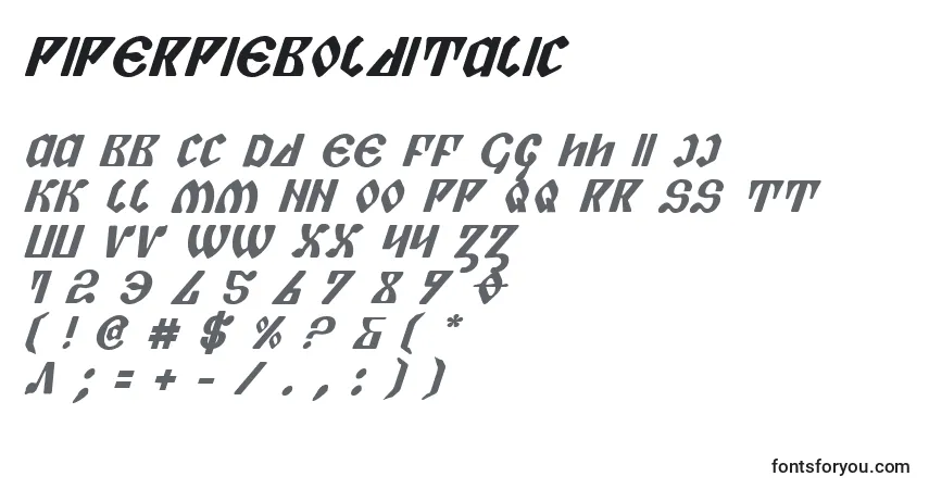 A fonte PiperPieBoldItalic – alfabeto, números, caracteres especiais