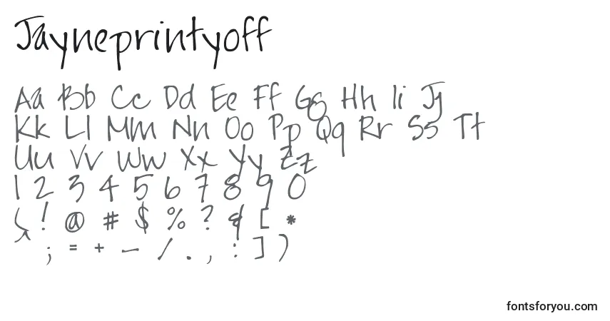 Schriftart Jayneprintyoff – Alphabet, Zahlen, spezielle Symbole