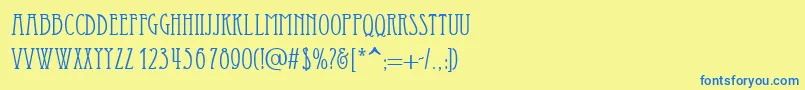 フォントEssediai – 青い文字が黄色の背景にあります。