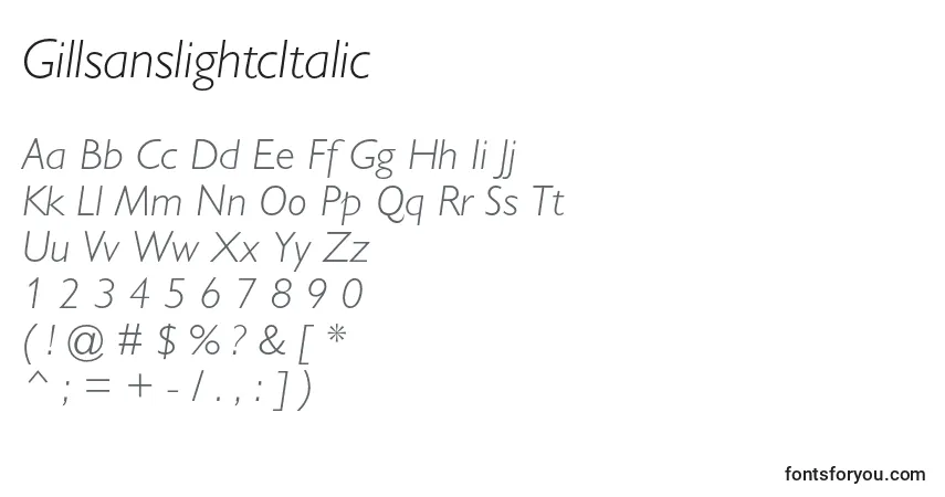 Czcionka GillsanslightcItalic – alfabet, cyfry, specjalne znaki