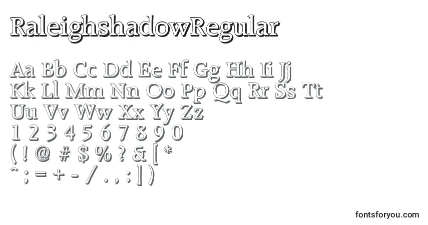 A fonte RaleighshadowRegular – alfabeto, números, caracteres especiais