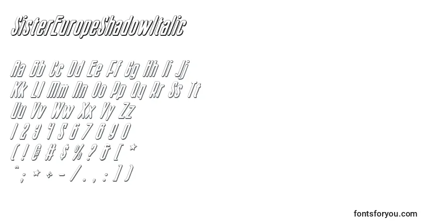 Schriftart SisterEuropeShadowItalic – Alphabet, Zahlen, spezielle Symbole