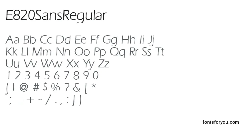 Czcionka E820SansRegular – alfabet, cyfry, specjalne znaki