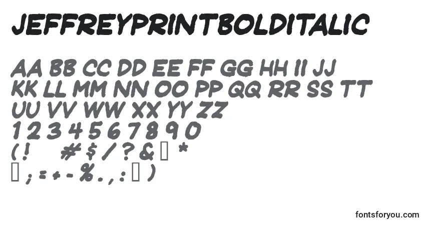A fonte Jeffreyprintbolditalic – alfabeto, números, caracteres especiais