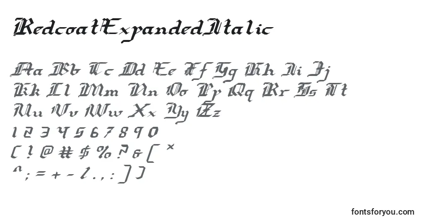 Schriftart RedcoatExpandedItalic – Alphabet, Zahlen, spezielle Symbole