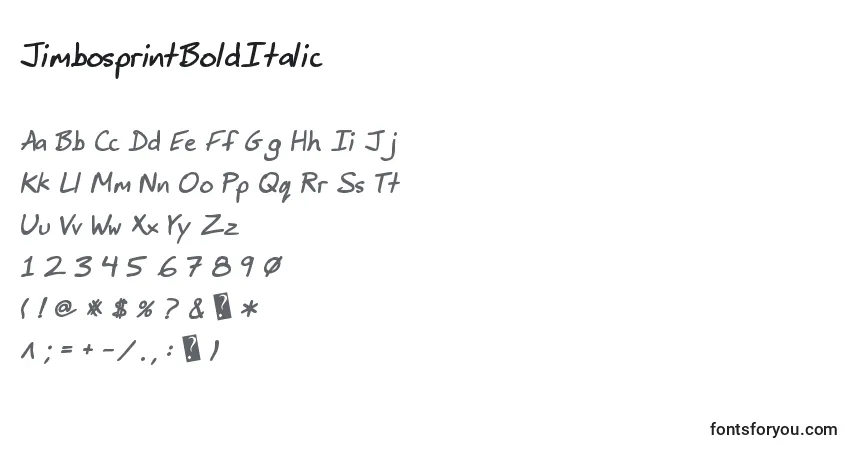 Schriftart JimbosprintBoldItalic – Alphabet, Zahlen, spezielle Symbole